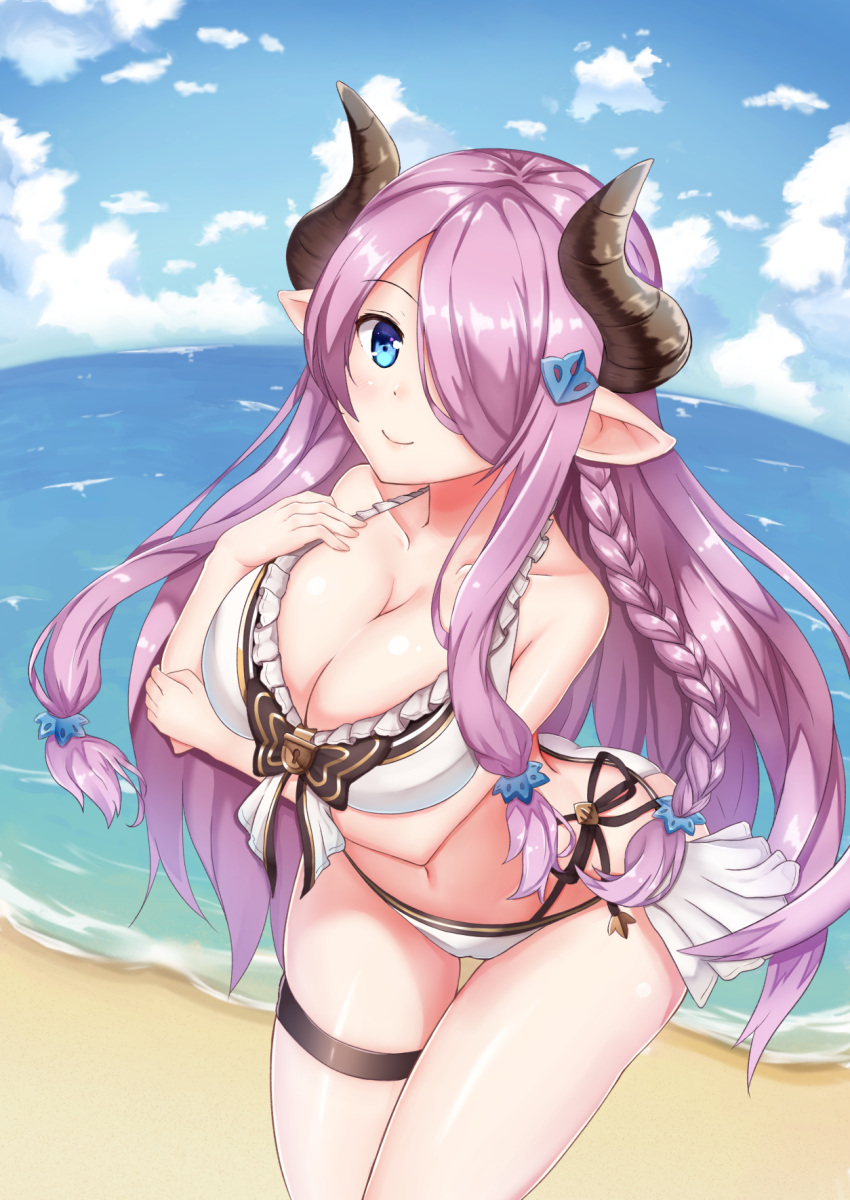 1girl aiban arched_back bangs beach bikini blue_eyes braid breast_hold breasts cleavage clouds cloudy_sky collarbone cowboy_shot day demon_horns doraf frilled granblue_fantasy hair_ornament hair_over_one_eye hairclip highres horns leaning_forward long_hair looking_at_viewer narumeia_(granblue_fantasy) navel parted_bangs pointy_ears purple_hair sand single_braid sky standing swimsuit thigh_gap thigh_strap water white_bikini