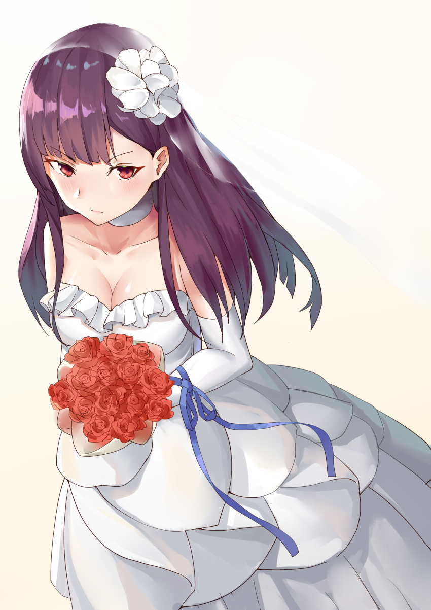 1girl absurdres alternate_costume alternate_hairstyle arm_ribbon bangs bare_shoulders bc beige_background blue_ribbon blunt_bangs blush bouquet breasts bridal_veil choker cleavage closed_mouth collarbone dress elbow_gloves eyebrows_visible_through_hair flower girls_frontline gloves gradient gradient_background hair_flower hair_ornament highres holding holding_bouquet large_breasts long_hair looking_at_viewer purple_hair red_eyes red_flower red_rose ribbon rose sidelocks solo strapless strapless_dress veil very_long_hair wa2000_(girls_frontline) wedding_dress white_gloves
