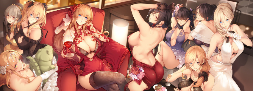 6+girls ahoge armpits ass bangle bare_back bare_shoulders black_hair blonde_hair blue_eyes blush bracelet breasts chair cleavage cleavage_cutout collarbone cup dress drinking_glass elbow_gloves finger_to_mouth flower glasses gloves green_eyes grey_hair grin hair_flower hair_ornament hair_over_one_eye highres jewelry large_breasts licking_lips long_hair looking_at_viewer looking_back multiple_girls nail_polish nanao_(mahaya) navel navel_cutout open_mouth original patterned_legwear ponytail red_eyes short_hair shushing sitting smile stuffed_animal stuffed_toy thigh-highs tongue tongue_out twintails veil wine_glass yellow_eyes