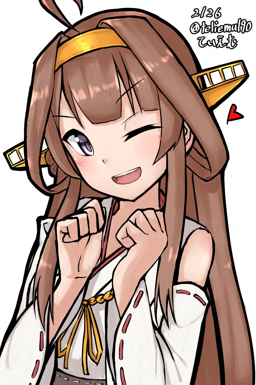 1girl ahoge artist_name brown_hair dated detached_sleeves double_bun hairband headgear highres kantai_collection kongou_(kantai_collection) long_hair looking_at_viewer nontraditional_miko one_eye_closed open_mouth ribbon-trimmed_sleeves ribbon_trim simple_background smile solo tiemu_(man190) twitter_username violet_eyes white_background