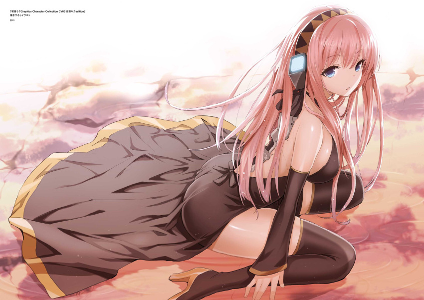 1girl backless_outfit bangs bare_shoulders blue_eyes breasts dress eyebrows_visible_through_hair hairband high_heels highres large_breasts long_hair looking_at_viewer megurine_luka open_mouth pink_hair saitou_masatsugu sitting solo thigh-highs vocaloid wariza