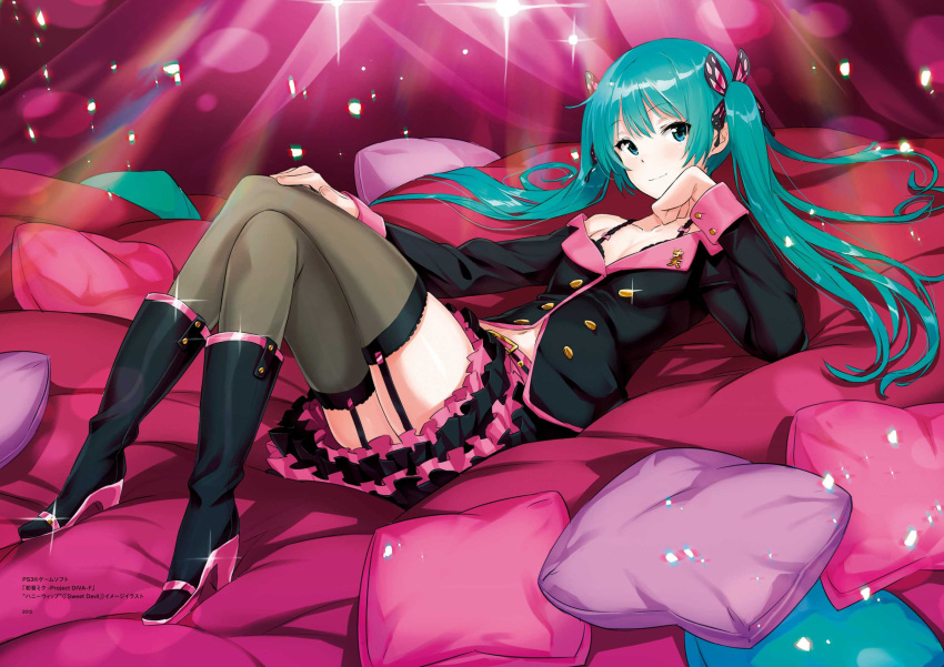 1girl aqua_eyes aqua_hair bed_sheet belt belt_buckle black_footwear black_jacket black_skirt blush boots breasts brown_legwear buckle butterfly_hair_ornament cleavage closed_mouth collarbone eyebrows_visible_through_hair full_body garter_straps glint hair_ornament hand_up hatsune_miku high_heel_boots high_heels highres jacket knee_boots layered_skirt legs_crossed long_hair long_sleeves looking_at_viewer lying navel on_back on_bed pillow saitou_masatsugu shiny shiny_hair skirt smile solo sparkle sweet_devil_(vocaloid) tareme thigh-highs twintails very_long_hair vocaloid