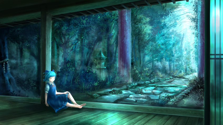 1girl against_pillar barefoot blue_dress blue_hair bow cirno closed_eyes commentary dress forest hair_bow hand_on_own_knee highres knee_up nature nitefaint outdoors rope shide shimenawa short_hair short_sleeves solo stone_lantern stone_walkway touhou veranda wooden_floor