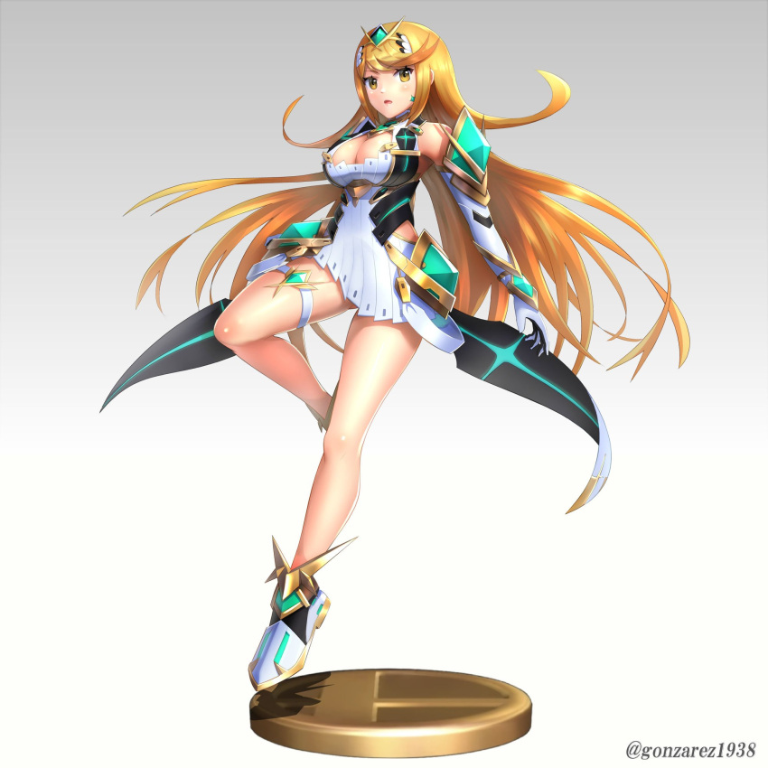 1girl armor blonde_hair breasts cleavage dress full_body gloves highres mythra_(xenoblade) jewelry large_breasts long_hair looking_at_viewer monolith_soft simple_background solo sora_(company) super_smash_bros. super_smash_bros._ultimate trophy xenoblade xenoblade_2 yellow_eyes