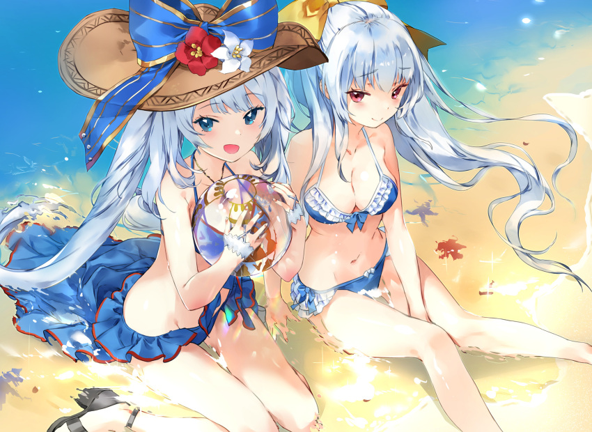 1girl :d ball bangs beach beachball bikini bikini_skirt black_footwear blue_bikini blue_eyes blush bow breasts brown_hat cleavage closed_mouth commentary_request day eyebrows_visible_through_hair fate/grand_order fate_(series) fingernails frilled_bikini frills hair_between_eyes hair_bow halter_top halterneck hat high_heels highres holding holding_ball kiyohime_(fate/grand_order) kiyohime_(swimsuit_lancer)_(fate) long_hair macciatto_(aciel02) marie_antoinette_(fate/grand_order) marie_antoinette_(swimsuit_caster)_(fate) medium_breasts nail_polish navel ocean open_mouth outdoors red_nails sand sidelocks silver_hair sitting smile solo starfish sun_hat swimsuit transparent twintails very_long_hair violet_eyes water yellow_bow