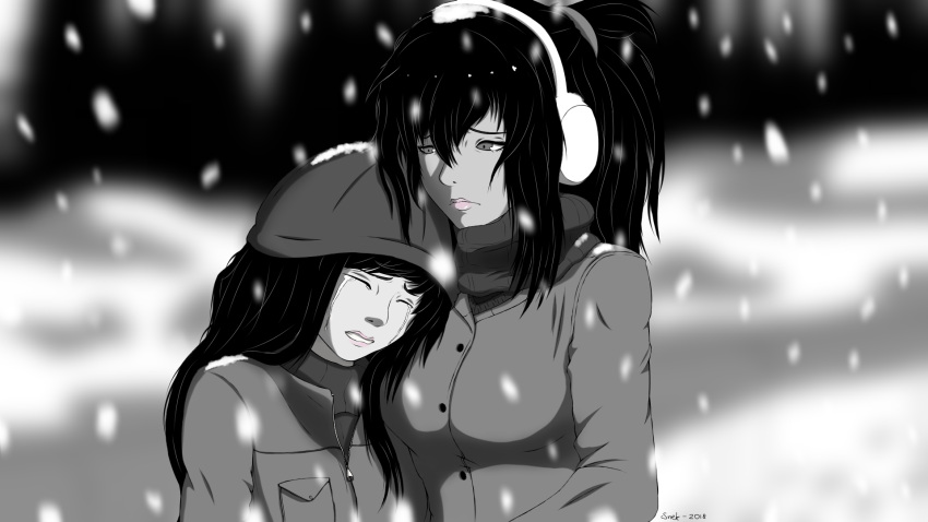 2girls black_and_white black_hair charlotte_vickers earmuffs grey hat original pink_lips sadness scarf snekkestsnek snow snowfall sorrow tears tiffany_vickers winter winter_clothes winter_scarf