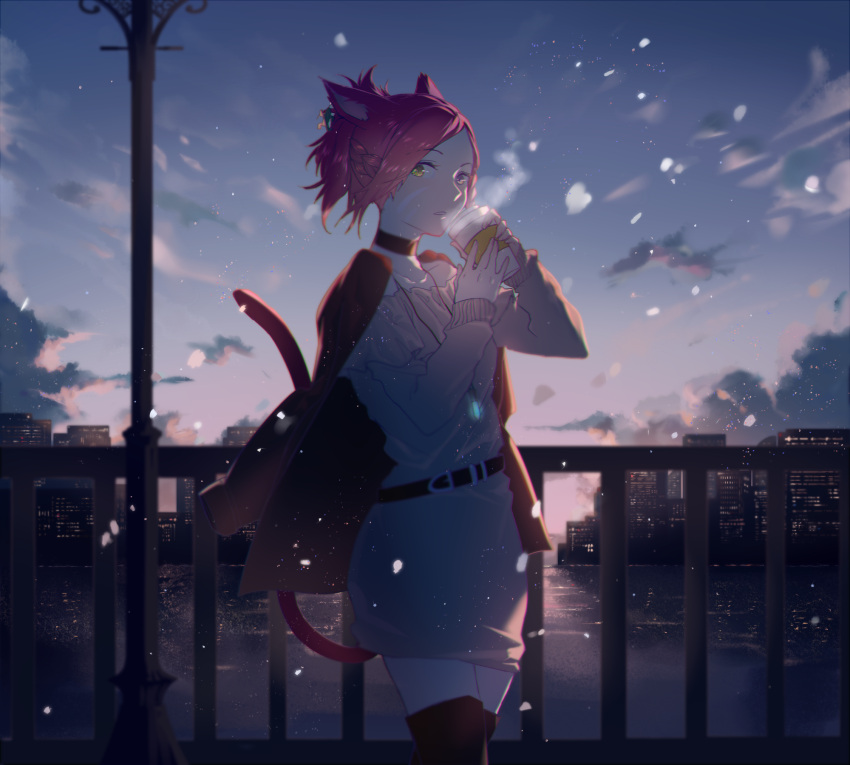 1girl animal_ears belt boots casual cat_ears cat_tail choker cicirelrel cityscape coffee_cup collarbone cowboy_shot dress final_fantasy final_fantasy_xiv hair_ornament heterochromia highres jacket jewelry looking_at_viewer miqo'te off_shoulder open_clothes open_jacket pendant redhead short_hair sky snowing standing tail thigh-highs thigh_boots visible_air