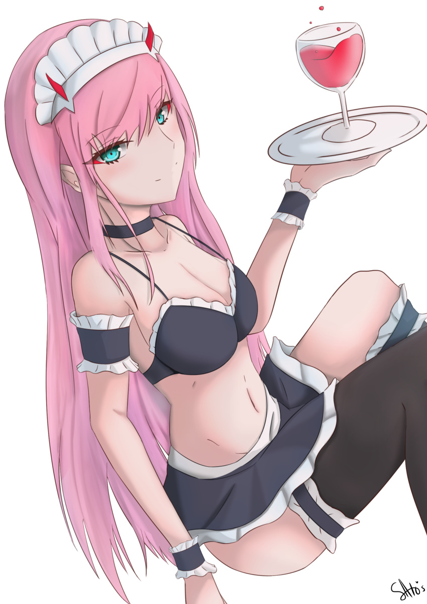 1girl absurdres alcohol asymmetrical_legwear bare_shoulders breasts closed_mouth darling_in_the_franxx eyebrows_visible_through_hair green_eyes highres horns ichikawayan large_breasts long_hair looking_at_viewer maid pink_hair simple_background skirt smile solo thigh-highs tray white_background wine zero_two_(darling_in_the_franxx)