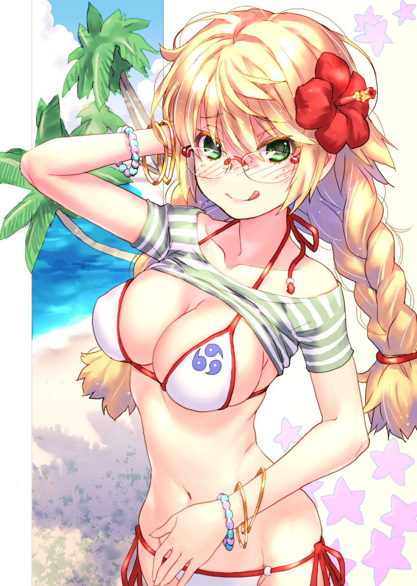 1girl :q beach bikini blonde_hair blue_sky blush braid breasts cleavage clouds collarbone commentary_request cropped_shirt day eyebrows_visible_through_hair flower freckles glasses green_eyes hair_flower hair_ornament halter_top halterneck hibiscus highres large_breasts long_hair looking_at_viewer navel original outdoors pale_skin raika9 rimless_eyewear shirt shore short_sleeves side-tie_bikini sky smile solo striped striped_shirt swimsuit tongue tongue_out twin_braids water white_bikini
