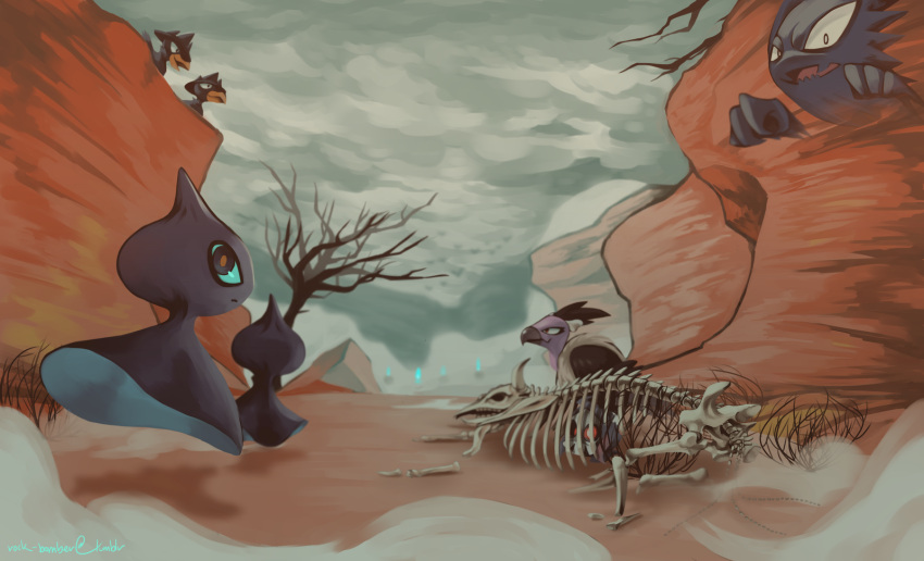 bare_tree bird black_eyes blue_fire bone canyon cliff closed_mouth clouds commentary creature desert duskull fire floating fog ghost haunter highres litwick looking_at_viewer mandibuzz murkrow open_mouth outdoors pokemon pokemon_(creature) pokemon_(game) pokemon_bw pokemon_gsc pokemon_rgby pokemon_rse rock-bomber shuppet signature skeleton sky tauros tree