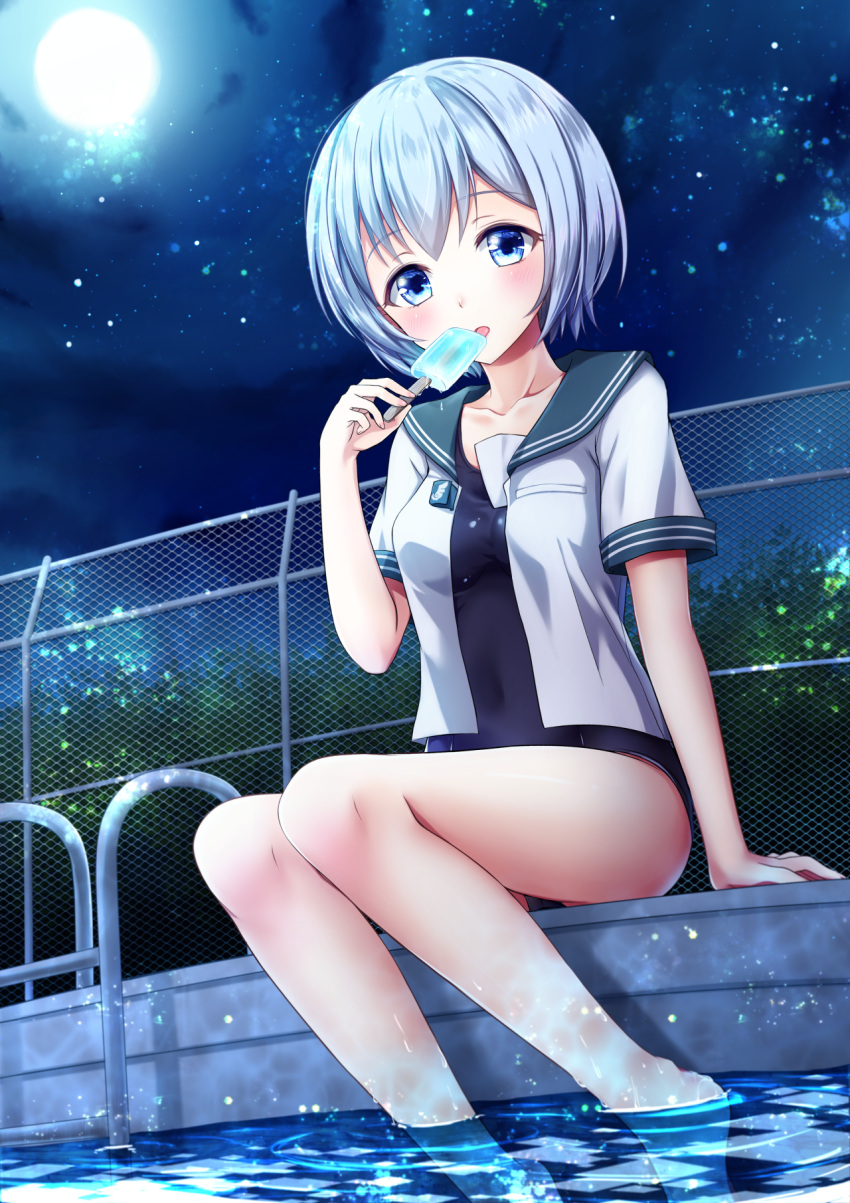 1girl arm_support bangs bare_legs barefoot blue_eyes blush breasts bush chain-link_fence collarbone commentary_request dutch_angle eyebrows_visible_through_hair fence food full_moon highres holding holding_food looking_at_viewer medium_breasts moe2018 moon night night_sky omoomomo open_clothes open_shirt original outdoors parted_lips pool pool_ladder poolside popsicle school_swimsuit school_uniform serafuku shirt short_hair short_sleeves silver_hair sitting sky soaking_feet solo star_(sky) starry_sky swimsuit swimsuit_under_clothes water white_shirt