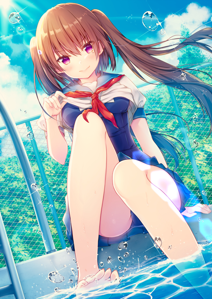 1girl arm_support azu_torako bangs blue_skirt blue_sky blue_swimsuit blush breasts brown_hair chain-link_fence closed_mouth clouds commentary_request day dutch_angle eyebrows_visible_through_hair fang fang_out fence fingernails hair_between_eyes highres lifted_by_self long_hair looking_at_viewer medium_breasts moe2018 mole mole_under_eye neckerchief original outdoors pleated_skirt pool pool_ladder poolside puffy_sleeves red_neckwear school_swimsuit school_uniform serafuku shirt shirt_lift sitting skirt sky smile soaking_feet solo sunlight swimsuit swimsuit_under_clothes twintails very_long_hair water water_drop white_shirt