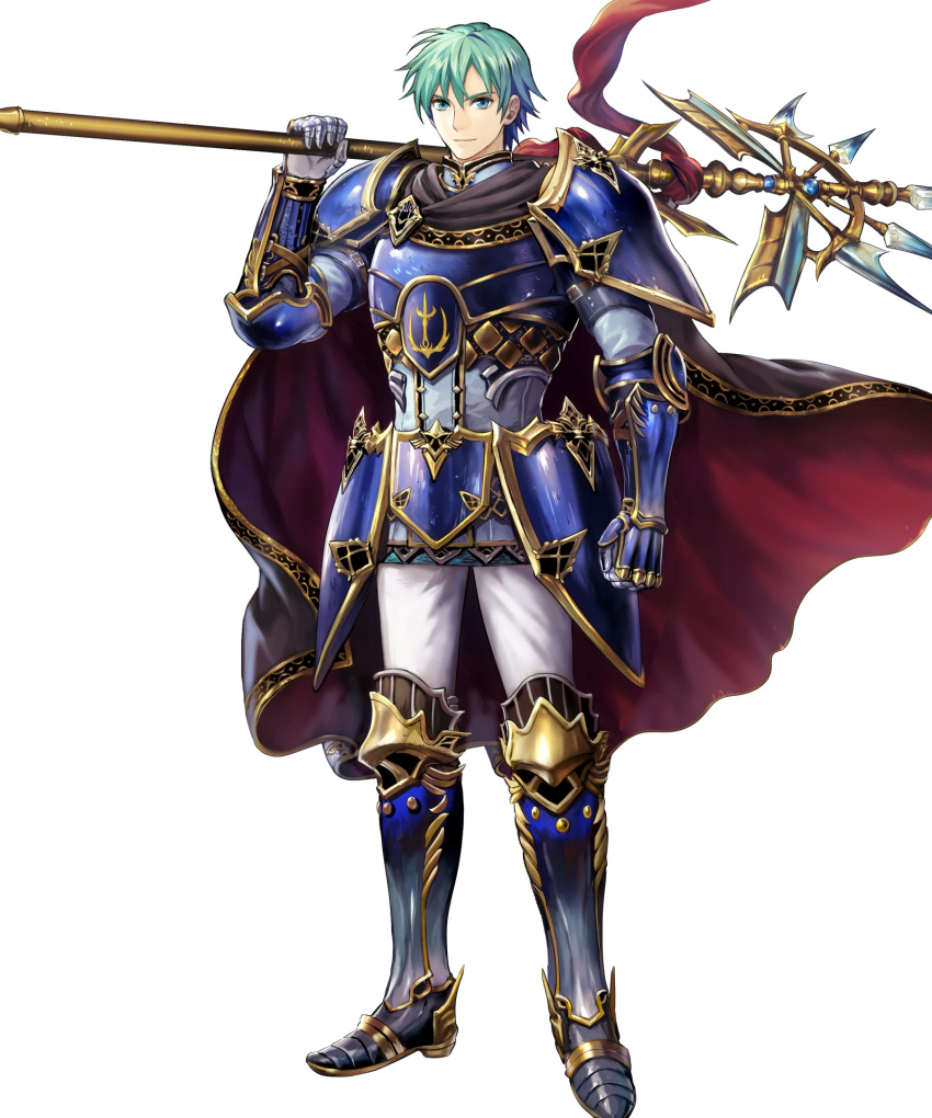 1boy armor armored_boots bangs blue_eyes boots cape clenched_hand elbow_pads ephraim fire_emblem fire_emblem:_seima_no_kouseki fire_emblem_heroes full_body gauntlets green_hair highres holding holding_weapon looking_at_viewer male_focus mayachise official_art over_shoulder pants polearm short_hair shoulder_armor shoulder_pads smile solo spear standing transparent_background weapon weapon_over_shoulder