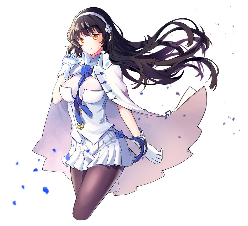 1girl black_hair blue_neckwear breasts cape chizu_(cheese) cleavage flower girls_frontline gloves hair_flower hair_ornament hairband highres large_breasts long_hair looking_at_viewer pantyhose qbz-95_(girls_frontline) skirt smile solo standing very_long_hair white_cape white_gloves white_skirt yellow_eyes