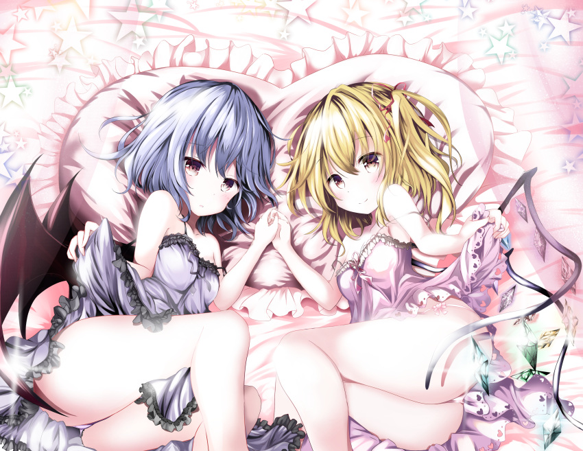 2girls absurdres ass bare_shoulders blonde_hair blush brown_eyes closed_mouth collarbone eyebrows_visible_through_hair flandre_scarlet hair_ribbon highres kuromiko_shoujo lavender_hair looking_at_viewer lying multiple_girls on_side parted_lips pillow red_eyes red_ribbon remilia_scarlet ribbon short_hair short_ponytail side_ponytail smile star touhou wings
