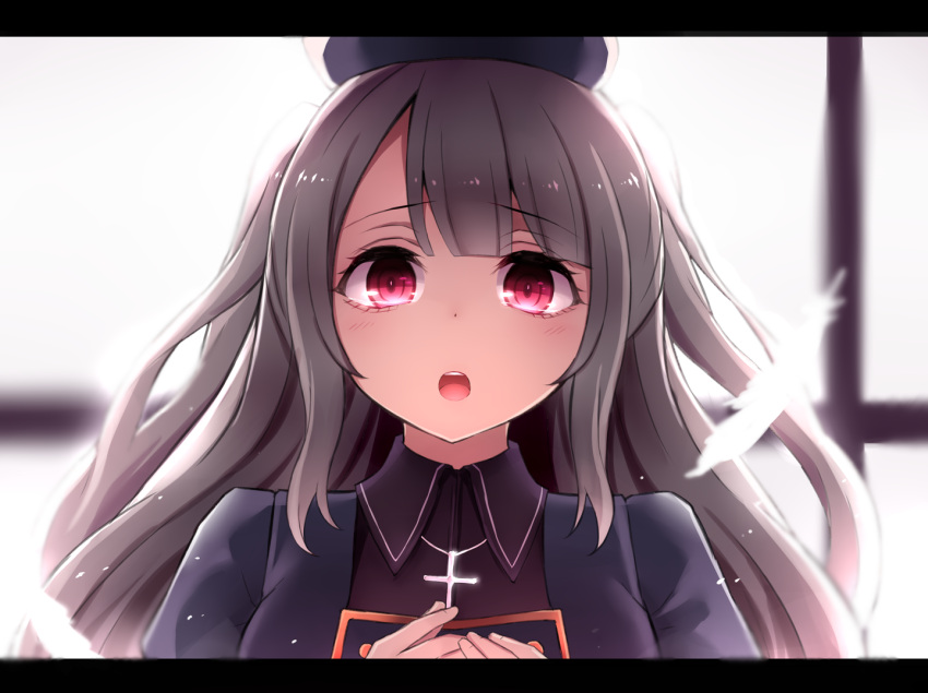 1girl backlighting black_hat blush brown_hair cross cross_necklace eyebrows_visible_through_hair feathers hands_on_own_chest hat jewelry long_hair looking_at_viewer necklace neit_ni_sei pendant pink_eyes shiny shiny_hair solo tareme two_side_up upper_body upper_teeth