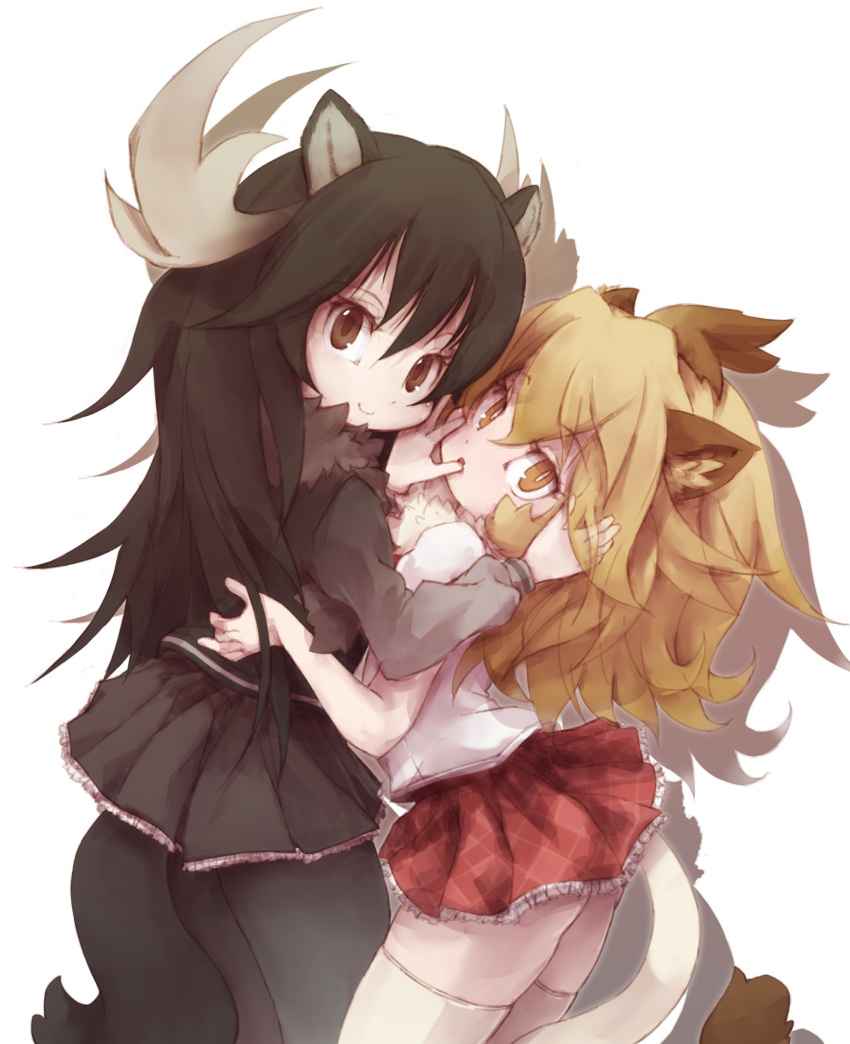 2girls absurdres animal_ears antlers blonde_hair brown_hair eyebrows_visible_through_hair fur_collar hand_on_another's_face highres hug kemono_friends kolshica lion_(kemono_friends) lion_ears lion_tail long_hair long_sleeves moose_(kemono_friends) moose_ears moose_tail multiple_girls open_mouth pantyhose pleated_skirt scarf short_sleeves skirt smile sweater tail thigh-highs