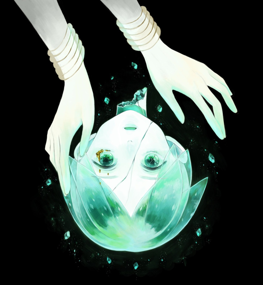 androgynous broken crack crying crying_with_eyes_open disembodied_head gem green_eyes green_hair highres houseki_no_kuni looking_at_viewer phosphophyllite spoilers tears tsuki_jin yumi_(tuzisaka)