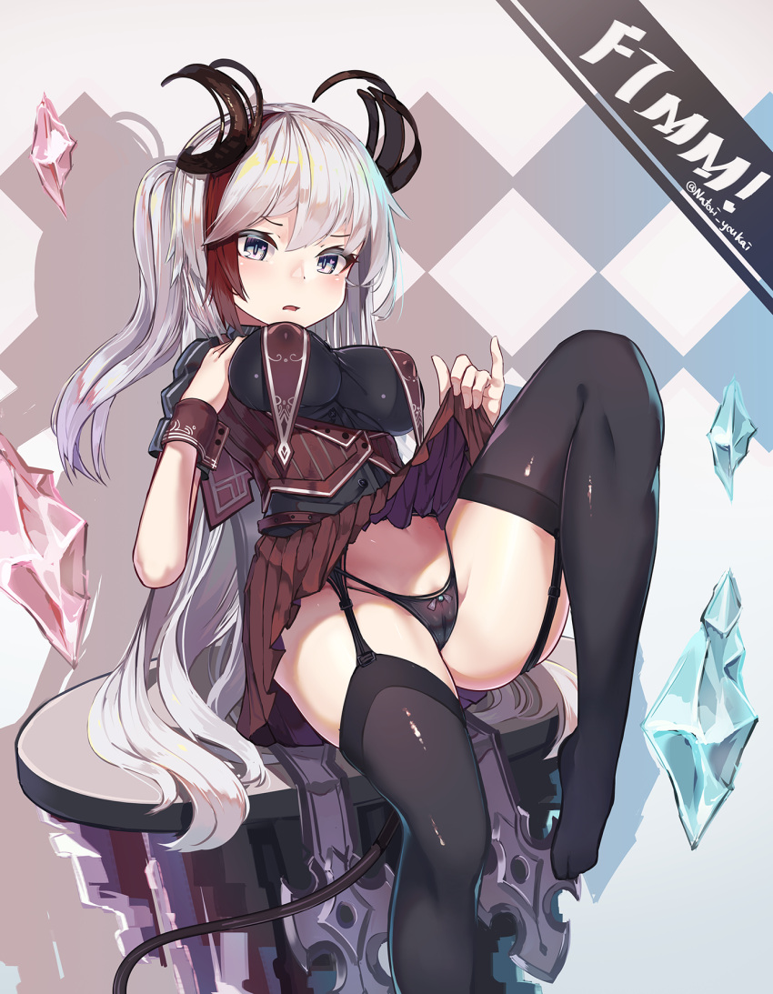 1girl bangs black_legwear black_panties blush breasts brown_skirt crystal erect_nipples framed_breasts garter_straps grey_eyes groin hand_on_own_chest highres horns impossible_clothes knee_up large_breasts lifted_by_self long_hair looking_at_viewer multicolored_hair natori_youkai no_shoes one_side_up original panties parted_lips pleated_skirt redhead shirt short_sleeves silver_hair sitting skirt skirt_lift solo table thigh-highs thighs twitter_username two-tone_hair underwear vest wrist_cuffs
