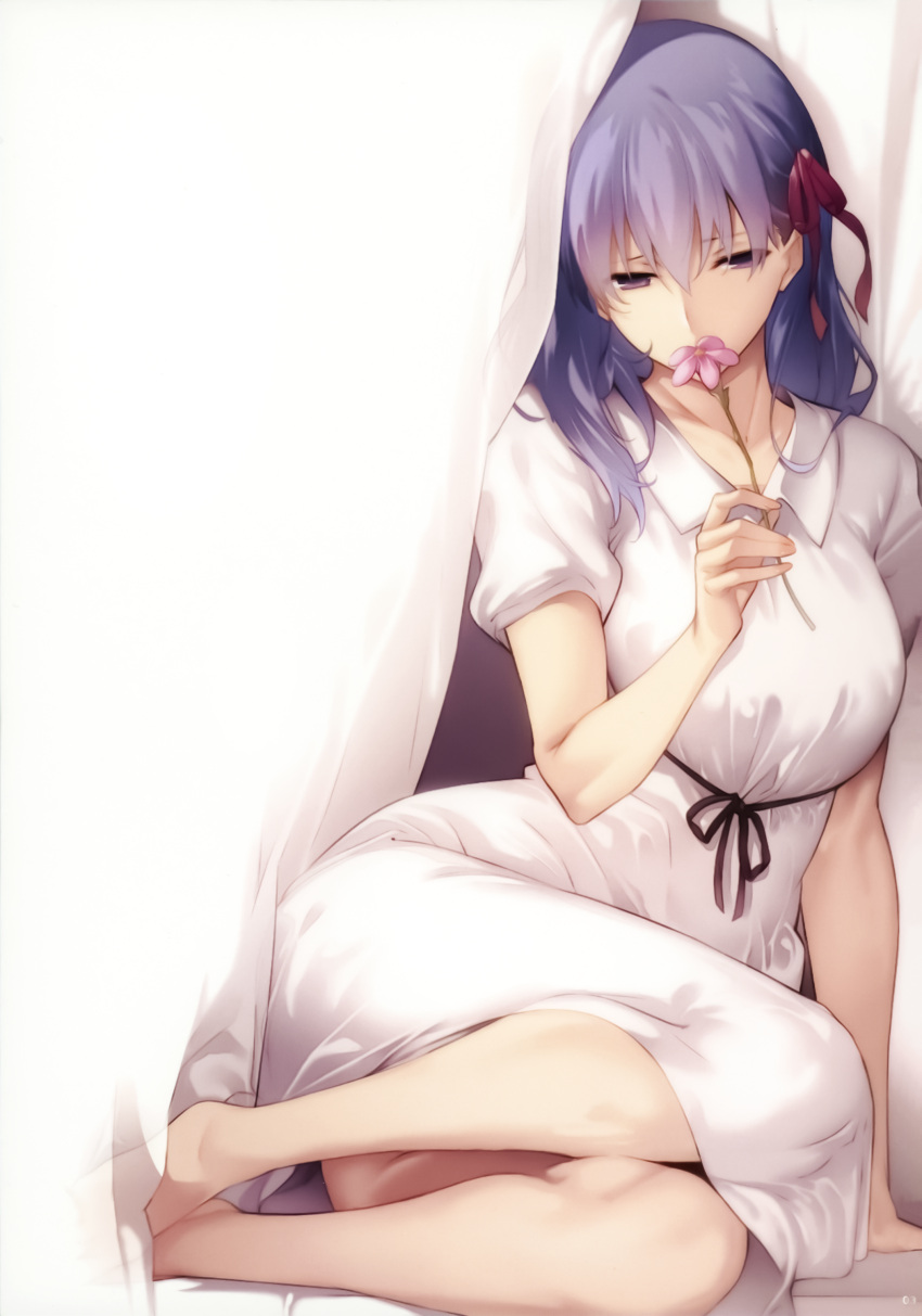 1girl absurdres bangs bent_elbow bent_knees breasts collarbone dress fate/stay_night fate_(series) fingernails hair_between_eyes hair_ribbon highres holding legs_together long_hair looking_down matou_sakura nanao_(mahaya) purple_hair red_ribbon ribbon short_sleeves simple_background solo white_dress