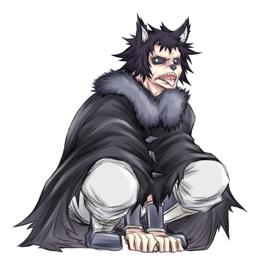 1boy akatsuki_akira all_fours animal_ears black_sclera cape dog_ears full_body fur_trim green_eyes highres juuni_taisen male_focus official_art open_mouth sharp_teeth simple_background teeth tongue tongue_out tsukui_michio white_background wristband