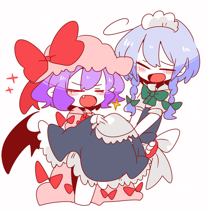 2girls apron blue_hair blush bow braid carrying chibi closed_eyes commentary cropped_legs fang frilled_apron frills green_bow hair_bow hat hat_bow highres izayoi_sakuya maid_headdress mob_cap multiple_girls op_na_yarou open_mouth pink_hat princess_carry red_bow remilia_scarlet short_hair short_sleeves silver_hair sparkle touhou twin_braids waist_apron white_background
