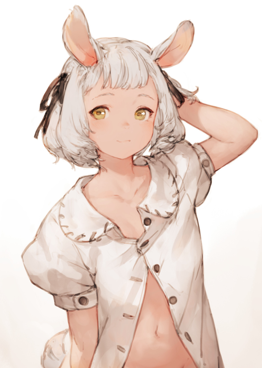 1girl animal_ears black_ribbon commentary hair_ribbon hand_behind_head highres junwool looking_at_viewer navel open_clothes open_shirt original partially_unbuttoned puffy_short_sleeves puffy_sleeves ribbon sheep sheep_ears shirt short_hair short_sleeves simple_background solo stomach upper_body white_background white_hair white_shirt yellow_eyes