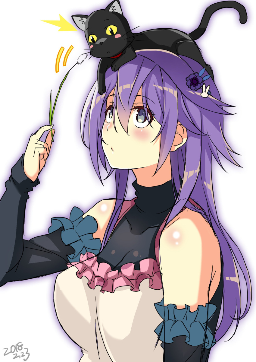 1girl absurdres anemone_(flower_knight_girl) animal animal_on_head apron artist_request bare_shoulders blush bunny_hair_ornament cat cat_on_head commentary_request dated detached_sleeves flower flower_knight_girl hair_flower hair_ornament highres looking_up on_head purple_hair sketch upper_body violet_eyes white_background