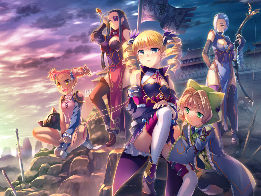 5girls arm_behind_back arm_up black_hair black_legwear black_pants blonde_hair blue_coat blue_eyes blue_hair bow_(weapon) braid breasts bridal_gauntlets brown_eyes brown_hair building butterfly_eyepatch capri_pants china_dress chinese_clothes clouds coat crop_top curly_hair detached_sleeves dress drill_hair elbow_gloves eyepatch feet_together flag flail full_body gloves green_eyes green_shirt hair_bobbles hair_intakes hair_ornament hair_over_one_eye hand_on_hip hat highres holding jun'iku kakouen kakouton kantaka knees_apart_feet_together koihime_musou kyocho long_hair midriff morning_star multiple_girls official_art open_mouth outdoors panties pants pelvic_curtain pink_hair pink_shirt purple_dress red_dress red_eyes ribbon shirt shoes short_dress short_hair shorts single_detached_sleeve sitting sky smile sousou spike_ball spread_legs standing sword thigh-highs twintails underwear wall weapon white_legwear white_panties