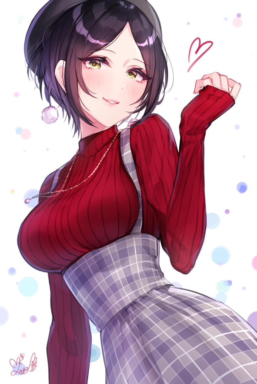 1girl absurdres bangs beret black_hair blush breasts hat hayami_kanade heart highres idolmaster idolmaster_cinderella_girls ilo jewelry large_breasts lips long_hair long_sleeves looking_at_viewer necklace parted_bangs parted_lips pom_pom_earrings red_sweater ribbed_sweater short_hair signature smile solo sweater turtleneck turtleneck_sweater yellow_eyes