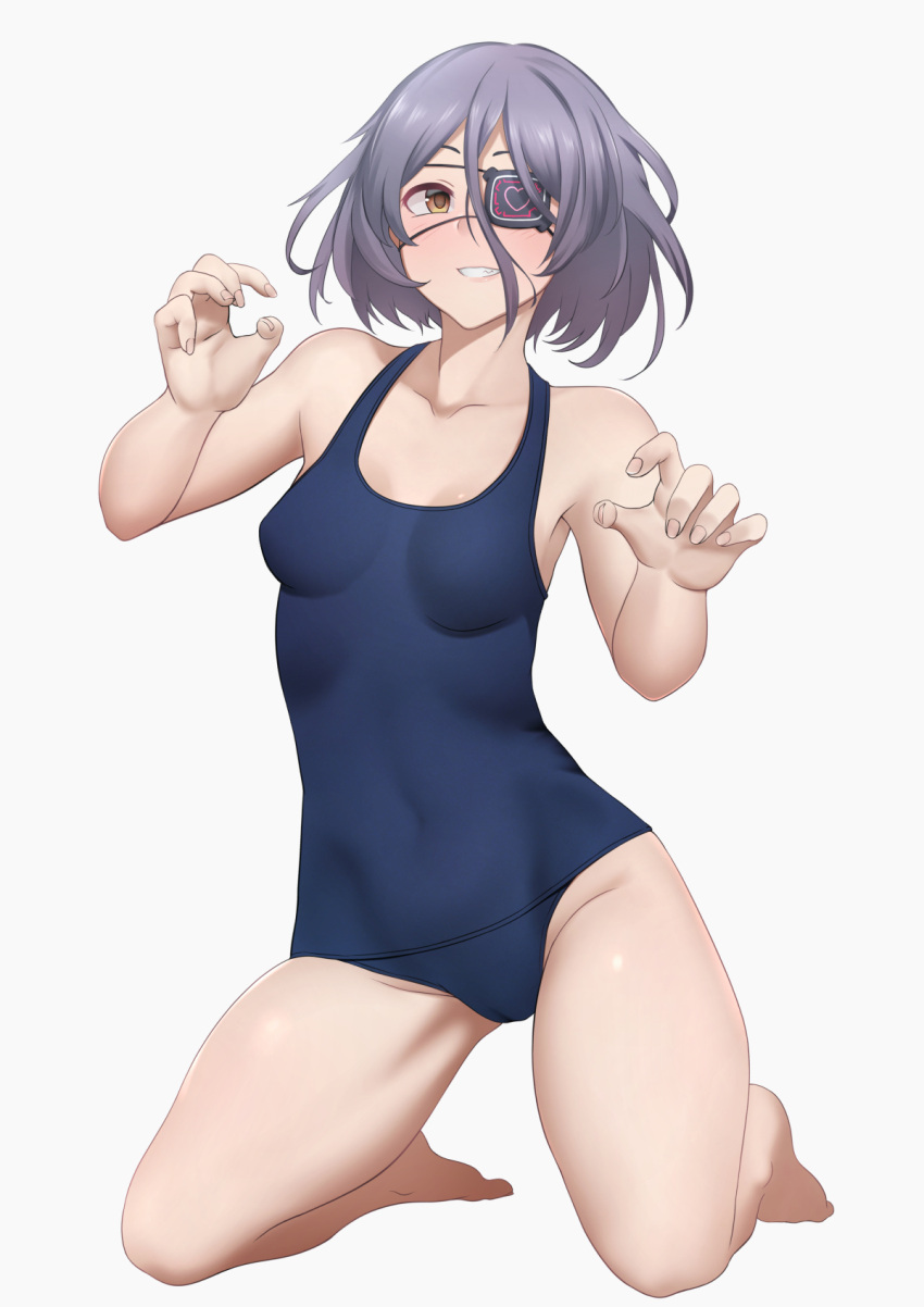 1girl barefoot breasts brown_eyes covered_navel eyepatch full_body gobi_(sobmobink) grin hair_between_eyes hayasaka_mirei heart heart_eyepatch highres idolmaster idolmaster_cinderella_girls kneeling looking_at_viewer medium_breasts purple_hair school_swimsuit short_hair smile solo swimsuit