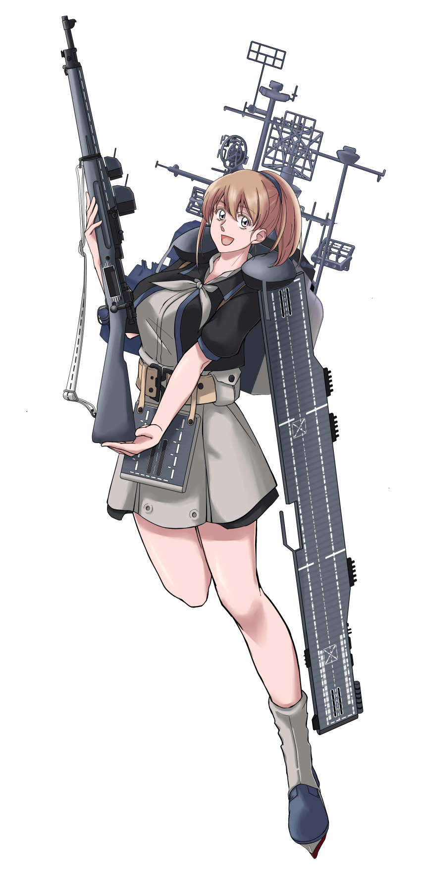 1girl absurdres apron black_shirt blue_eyes brown_hair flight_deck full_body grey_skirt gun highres intrepid_(kantai_collection) kantai_collection looking_at_viewer m1903_springfield machinery neck_pillow open_mouth ponytail rifle shirt short_hair simple_background skirt smile solo sozan weapon white_background white_skirt