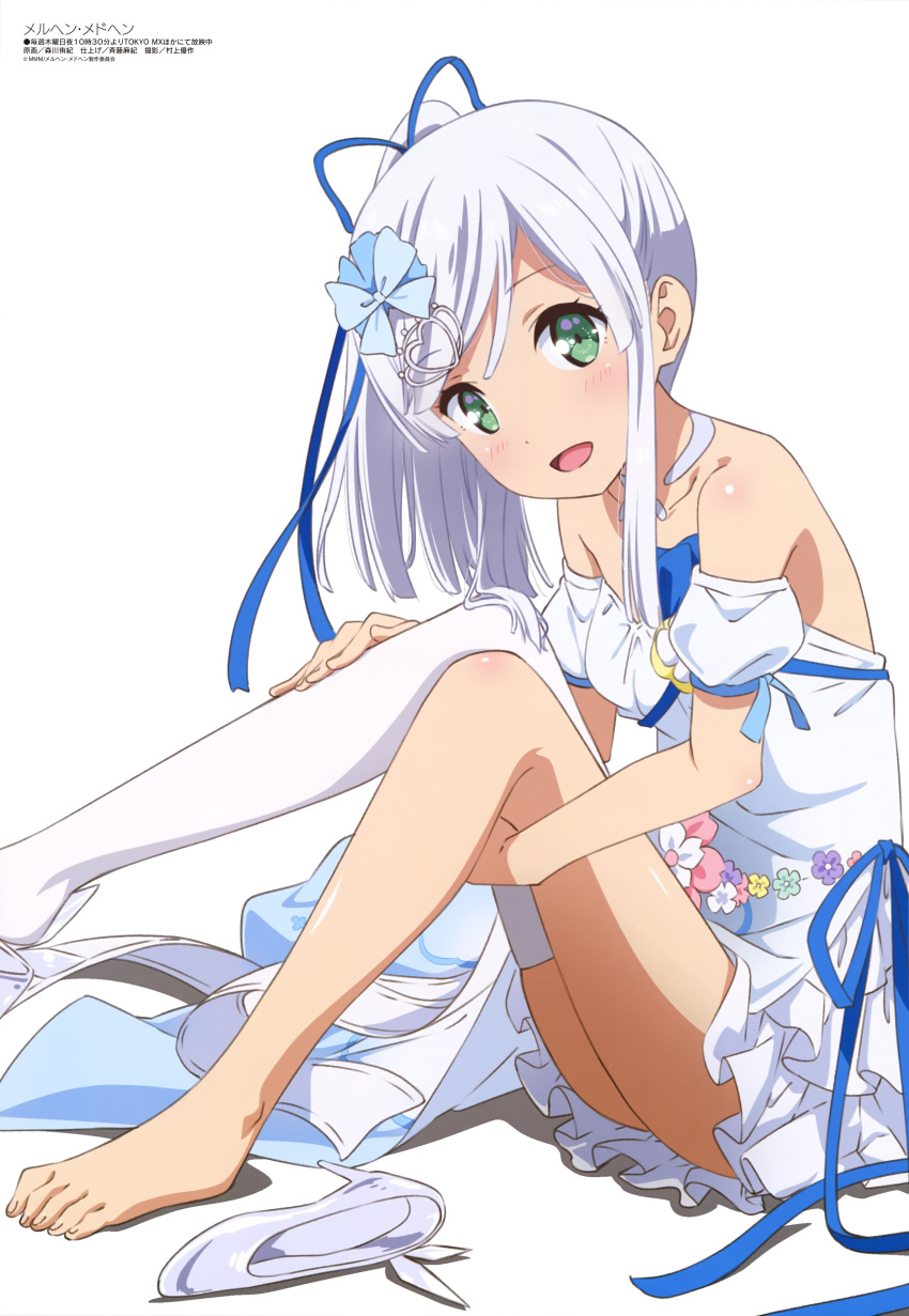 1girl absurdres blue_ribbon blush body_blush breasts dress green_eyes hair_ornament hair_ribbon hands_on_own_legs heart heart_hair_ornament highres kagimura_hazuki looking_at_viewer marchen_madchen medium_breasts megami morikawa_yuuki official_art open_mouth ribbon side_ponytail simple_background single_thighhigh sitting smile solo strapless strapless_dress thigh-highs white_background white_dress white_hair white_legwear