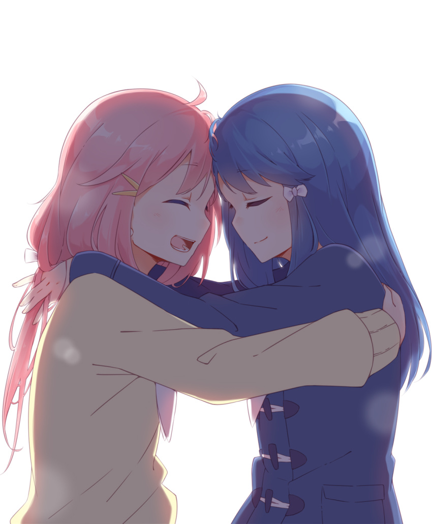 2girls :d backlighting blue_hair character_request closed_eyes closed_mouth coat forehead-to-forehead hair_ornament hairclip happy hetareeji highres hug long_hair multiple_girls open_mouth pink_hair simple_background smile upper_body white_background yurucamp