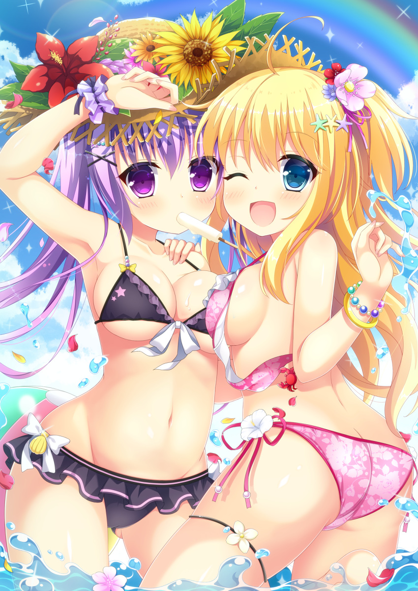 2girls ;d arm_up ass ball bangs beachball bikini black_bikini blonde_hair blue_eyes blue_sky blush bracelet breasts cleavage closed_mouth clouds commentary_request day eyebrows_visible_through_hair fingernails floral_print flower food food_in_mouth groin hair_between_eyes halter_top halterneck hand_on_another's_shoulder hand_up hat hat_flower highres ice_cream jewelry large_breasts maccha moe2018 mouth_hold multiple_girls nail_polish navel one_eye_closed one_side_up open_mouth original outdoors pink_bikini pink_nails print_bikini purple_hair purple_scrunchie rainbow red_flower scrunchie side-tie_bikini sky smile sun_hat sunflower sunlight swimsuit twintails violet_eyes wardrobe_malfunction water wrist_scrunchie yellow_flower