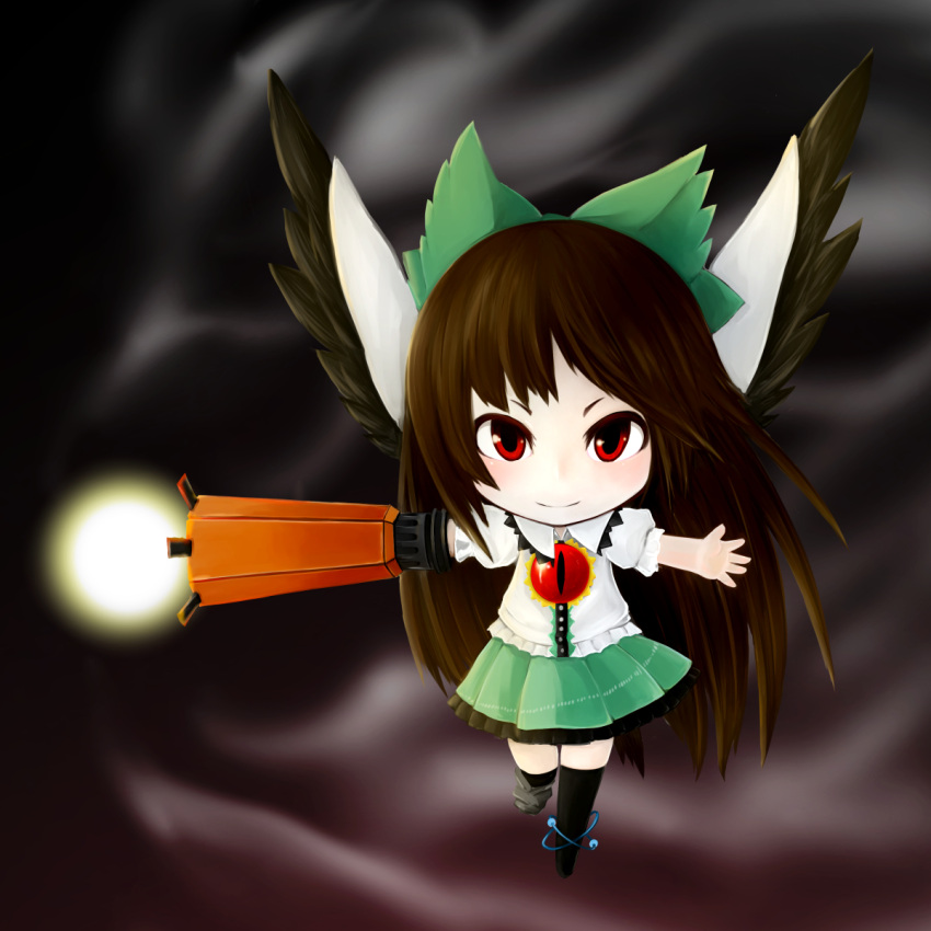 1girl arm_cannon atom bare_arms black_legwear black_wings blouse bow brown_hair buttons cape chibi closed_mouth collared_blouse energy frilled_skirt frills full_body green_bow green_skirt hair_bow highres ja_komurashi long_hair looking_at_viewer mismatched_footwear no_wings outstretched_arms puffy_short_sleeves puffy_sleeves red_eyes reiuji_utsuho short_sleeves skirt smile solo spread_arms steam thigh-highs third_eye touhou very_long_hair walking weapon white_blouse wind wings zettai_ryouiki
