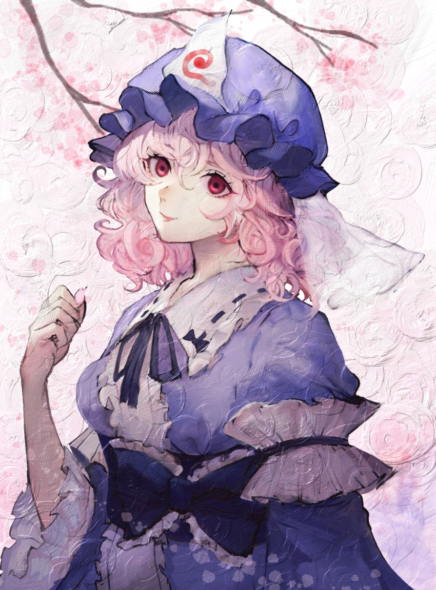 1girl artist_request bent_elbow blue_bow blue_kimono bow branch breasts cherry_blossoms closed_mouth commentary_request curly_hair eyelashes frilled_bow frills hat highres japanese_clothes kimono light_smile lips looking_at_viewer mob_cap momoshita_moka neck neck_ribbon obi petals pink_hair red_eyes ribbon ribbon-trimmed_collar ribbon_trim saigyouji_yuyuko sash short_hair solo touhou triangular_headpiece upper_body veil
