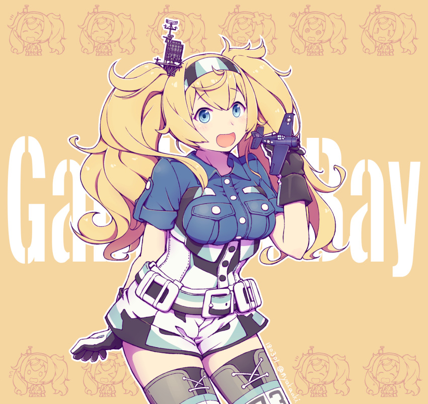 1girl aircraft airplane belt belt_buckle blonde_hair blue_eyes blush breast_pocket buckle buttons character_name dated gambier_bay_(kantai_collection) gloves hair_between_eyes highres kantai_collection long_hair multicolored multicolored_clothes multicolored_gloves mumyoudou open_mouth pocket short_sleeves solo twintails twitter_username