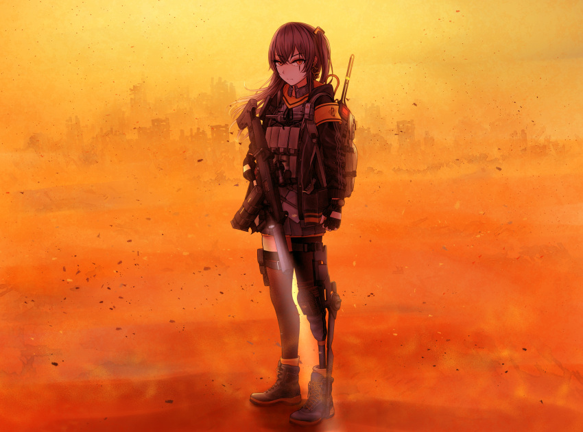 1girl ankle_boots arm_at_side armband backpack bag black_footwear black_gloves black_jacket black_legwear black_skirt boots brown_eyes bulletproof_vest closed_mouth desert expressionless facial_scar fingerless_gloves full_body girls_frontline gloves gun h&amp;k_ump headset heckler_&amp;_koch highres holding holding_gun holding_weapon jacket legs_apart light long_hair long_sleeves looking_at_viewer mechanical_arm one_side_up open_clothes open_jacket outdoors pleated_skirt red_eyes rifle ruins sandstorm scar scar_across_eye single_thighhigh skirt sniper_rifle solo submachine_gun testame thigh-highs thigh_strap tsurime ump45_(girls_frontline) weapon