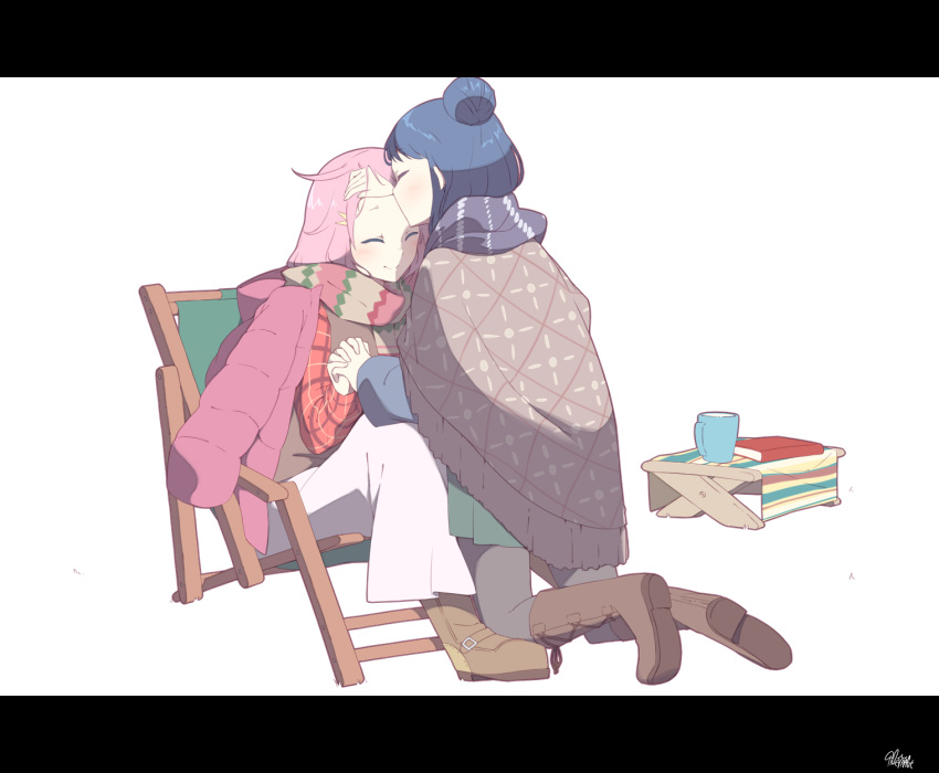 2girls blue_hair book boots chair character_request closed_eyes coat cup folding_chair forehead_kiss hair_bun hair_ornament hairclip hand_holding hetareeji highres interlocked_fingers kiss knee_boots kneeling letterboxed mug multiple_girls pink_hair scarf simple_background sitting smile white_background yuri yurucamp