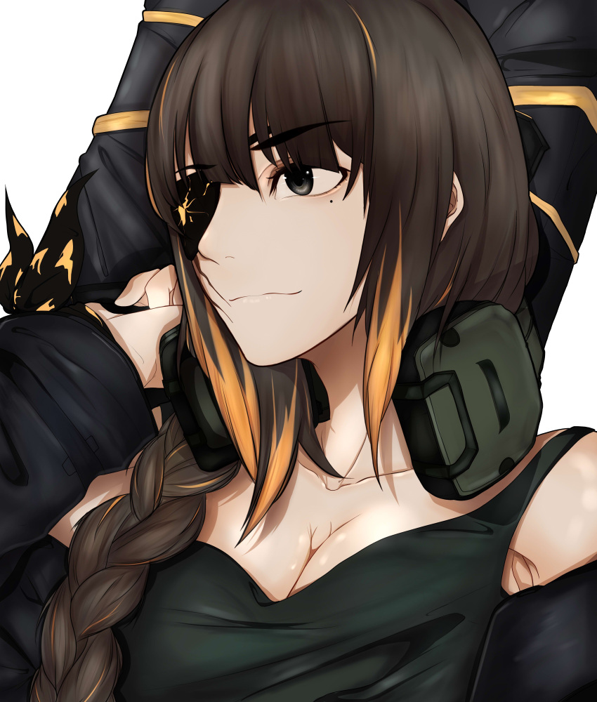 1girl absurdres bangs bare_shoulders black_eyes black_hair black_jacket braid breasts brown_hair cleavage collarbone eyebrows_visible_through_hair eyepatch girls_frontline green_tank_top headphones headphones_around_neck highres holding holding_bag jacket large_breasts long_hair looking_away m16a1_(girls_frontline) mole mole_under_eye multicolored_hair neck nello orange_hair portrait scar scar_across_eye sidelocks simple_background single_braid smile solo streaked_hair tank_top weapon_bag white_background