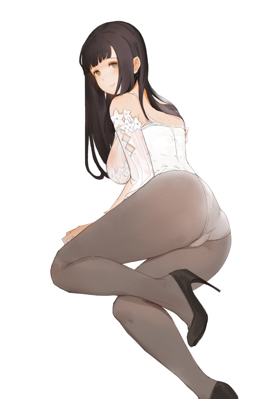 1girl arm_support ass bangs black_footwear black_hair blunt_bangs blush breasts brown_eyes brown_legwear camisole copyright_request detached_sleeves feet_out_of_frame gaoerji high_heels highres large_breasts long_hair long_sleeves looking_at_viewer looking_back lying no_pants on_side panties panties_under_pantyhose pantyhose see-through simple_background solo spaghetti_strap trefoil underwear white_background white_panties