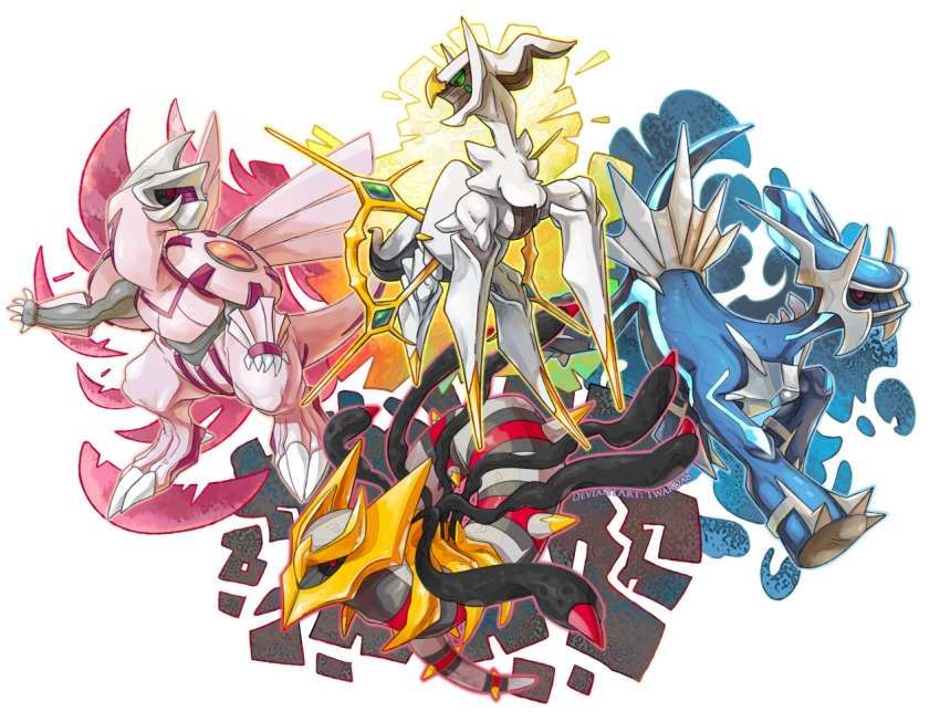 arceus claws deviantart_username dialga eye_contact giratina green_eyes looking_at_another looking_away monster multicolored multicolored_background no_humans palkia pokemon pokemon_(creature) pokemon_(game) pokemon_dppt red_eyes signature simple_background twarda8 white_background