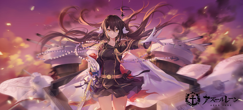 &gt;:) 1girl arm_at_side azur_lane bangs belt black_ribbon black_skirt breasts cannon closed_mouth coat collarbone copyright_name cowboy_shot criin epaulettes floating_hair gloves holding holding_sword holding_weapon horns long_hair long_sleeves looking_at_viewer machinery medium_breasts mikasa_(azur_lane) military military_uniform motion_blur off_shoulder open_clothes open_coat outdoors outstretched_arm pearl purple_sky ribbon shiny shiny_hair skirt smile smoke solo standing sword thighs turret twilight uniform v-shaped_eyebrows very_long_hair weapon white_coat white_gloves