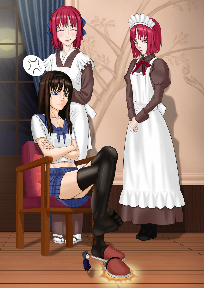 3girls absurdres angry apron black chair female hair hairband high_resolution highres hisui kohaku long_hair maid maid_headdress multiple_girls pleated_skirt redhead school_uniform siblings sisters sitting sitting_on_chair skirt tagme tohno_akiha tsukihime twins very_high_resolution vocher