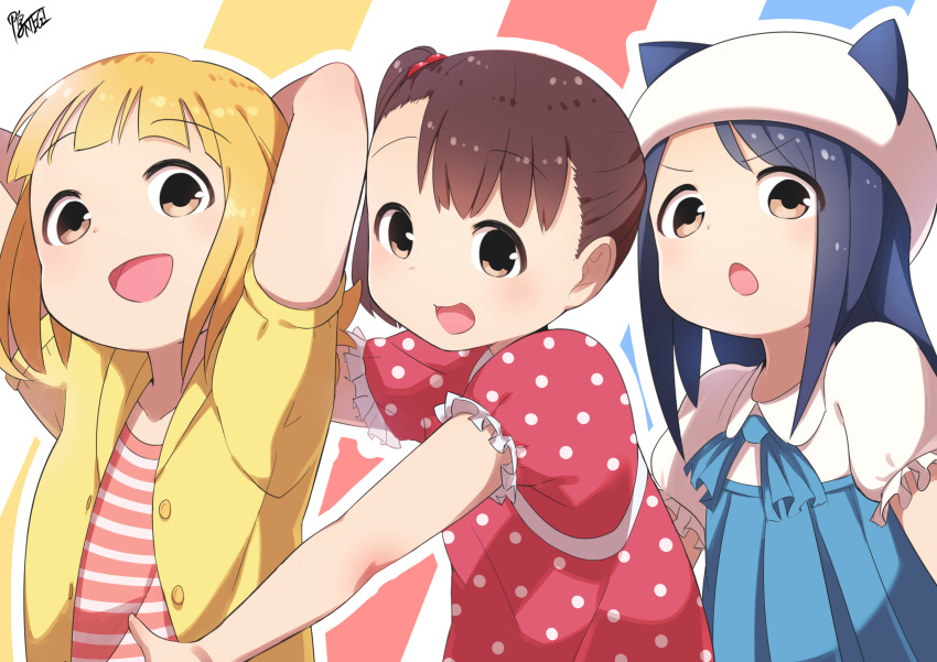 3girls :d absurdres akamatsu_yui arms_behind_head blonde_hair blue_hair blue_ribbon brown_eyes brown_hair child collarbone dress hair_bobbles hair_ornament hat hat_with_ears highres jacket kamonegi_(meisou1998) kise_sacchan kotoha_(mitsuboshi_colors) layered_dress looking_at_viewer mitsuboshi_colors multiple_girls open_clothes open_jacket open_mouth outstretched_arm polka_dot polka_dot_dress puffy_short_sleeves puffy_sleeves red_dress ribbon shirt short_hair short_sleeves side_ponytail smile striped striped_background striped_shirt upper_body
