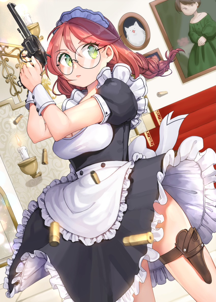 1girl braid candle commentary frills glasses green_eyes gun handgun highres holding holding_gun holding_weapon holster long_hair maid maid_headdress orange_hair original portrait_(object) revolver round_eyewear shell_casing skirt skirt_lift solo stairs taemin weapon wrist_cuffs