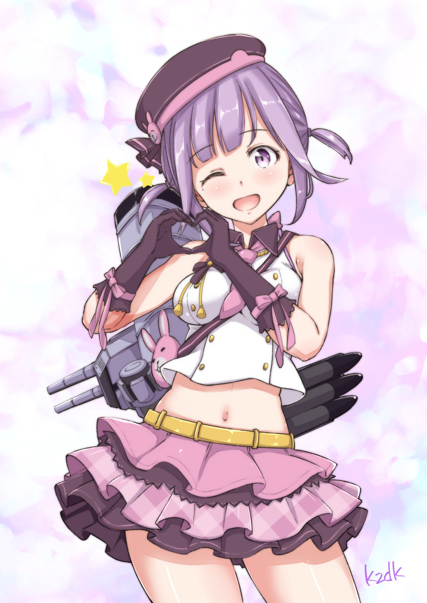 1girl ;d absurdres ascot azur_lane bangs bare_shoulders belt beret black_gloves black_hat blush breasts buttons collared_shirt commentary_request contrapposto cowboy_shot crop_top crop_top_overhang eyebrows_visible_through_hair gloves gold_buttons hat head_tilt heart heart_hands highres kazuo_daisuke looking_at_viewer matchless_(azur_lane) medium_breasts midriff miniskirt mole mole_under_eye navel one_eye_closed open_mouth pink_neckwear pink_ribbon pink_skirt purple_hair rabbit ribbon shiny shiny_hair shiny_skin shirt short_hair short_twintails sidelocks simple_background skirt sleeveless sleeveless_shirt smile smokestack solo star strap thighs torpedo_tubes turret twintails twitter_username violet_eyes white_shirt wing_collar