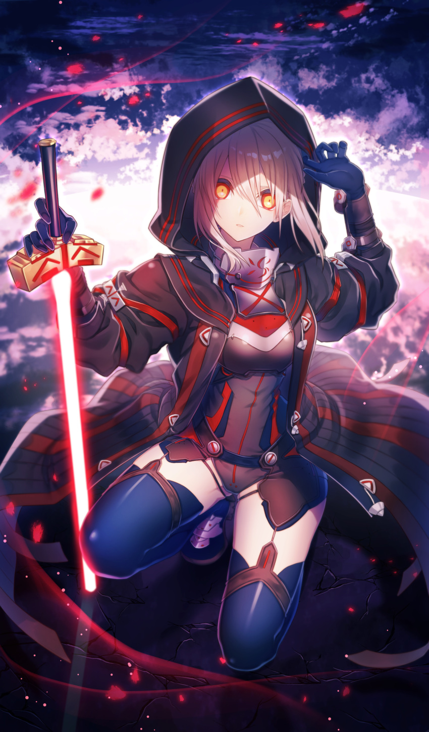 1girl absurdres adjusting_headwear arm_up armor armored_boots artoria_pendragon_(all) bangs black_coat black_leotard blue_footwear blue_gloves boots braid breastplate clouds cloudy_sky coat commentary_request cracked_floor energy_sword excalibur fate/grand_order fate_(series) floating_hair french_braid full_body gloves glowing glowing_sword glowing_weapon hair_between_eyes highres holding holding_sword holding_weapon hood hood_up hooded_coat leotard light_trail lightsaber long_sleeves looking_at_viewer motion_blur multicolored multicolored_eyes mysterious_heroine_x_(alter) natsutora on_ground open_clothes open_coat outdoors pale_skin parted_lips planted_sword planted_weapon platinum_blonde red_eyes reflective_floor shade shiny shiny_hair short_hair sidelocks sky solo squatting sword thigh-highs thigh_boots weapon yellow_eyes