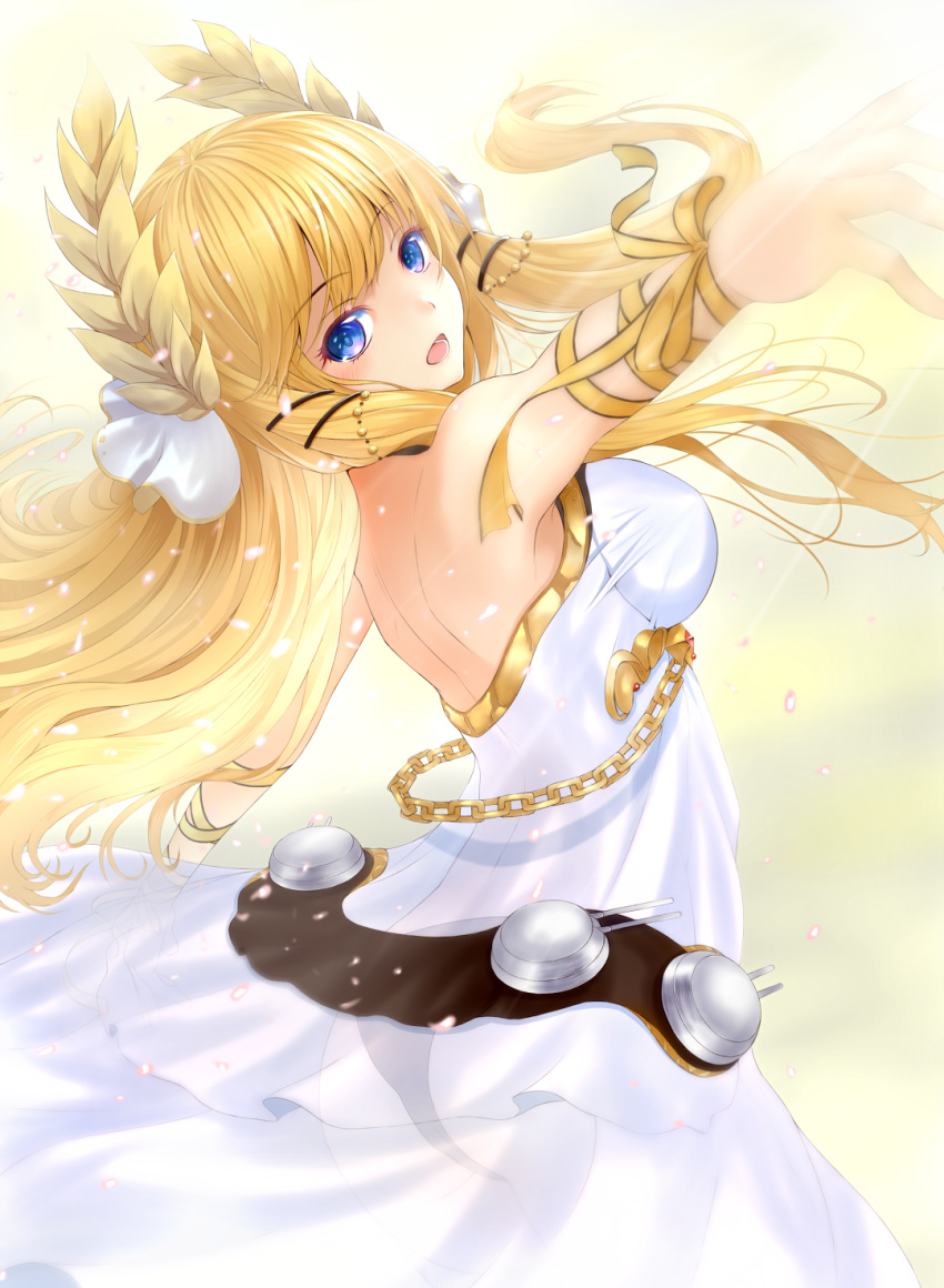 1girl azur_lane backless_outfit bangs bare_shoulders black_panties blonde_hair blue_eyes chains commentary_request cowboy_shot dress eyebrows_visible_through_hair floating_hair hair_ornament hajikaji highres laurel_crown long_hair looking_at_viewer looking_back open-back_dress open_mouth outdoors outstretched_arms panties ribbon rigging see-through solo spread_arms sunlight turret underwear veil victorious_(azur_lane) wrist_ribbon
